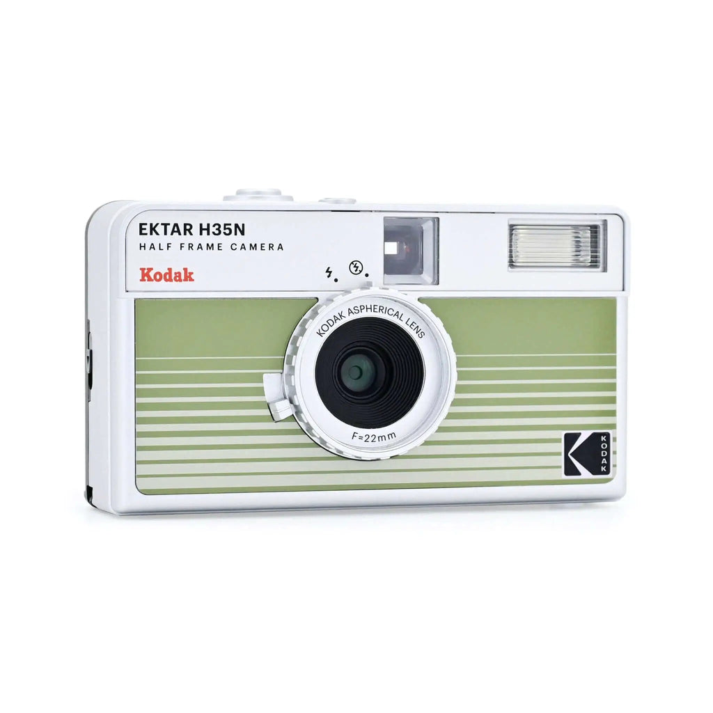 White and sage green striped kodak ektar h35n half-frame camera with a 22mm aspherical lens.