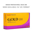 Kodak professional gold 200 film pack in vibrant yellow and purple packaging.