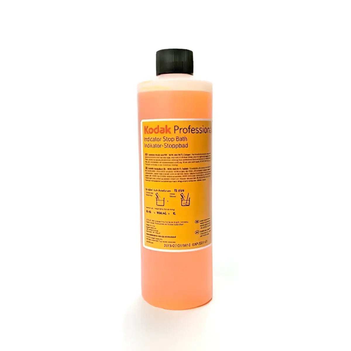Orange liquid-filled bottle with black cap and yellow label reading ’kodak professional indicator stop bath.’