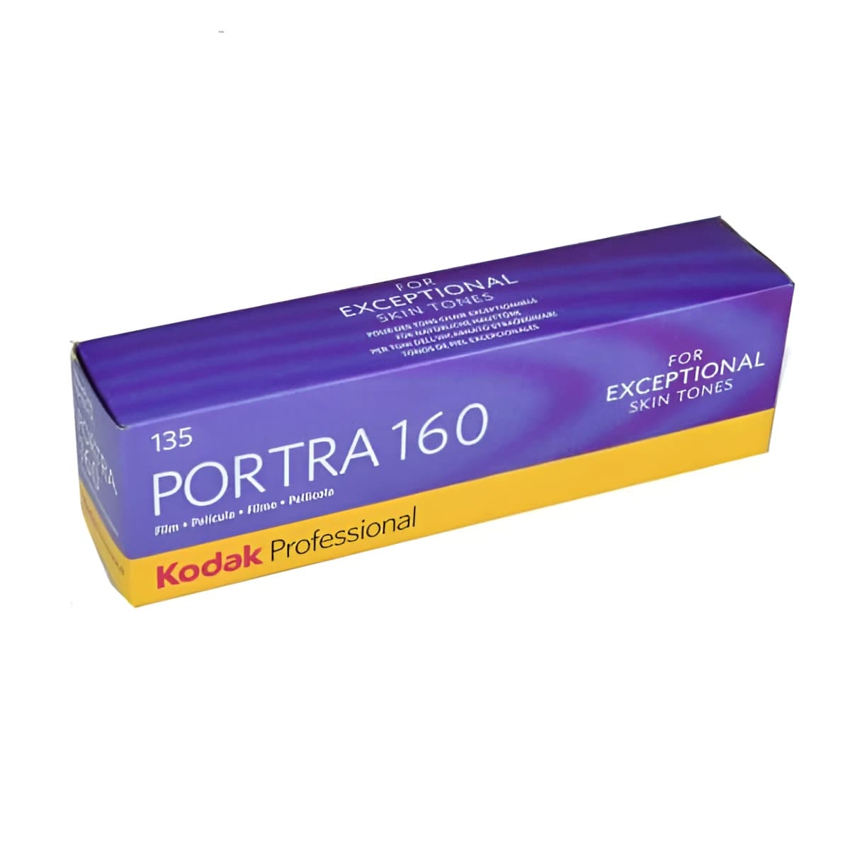 Kodak professional portra 160 film box in vibrant purple and yellow with white text.