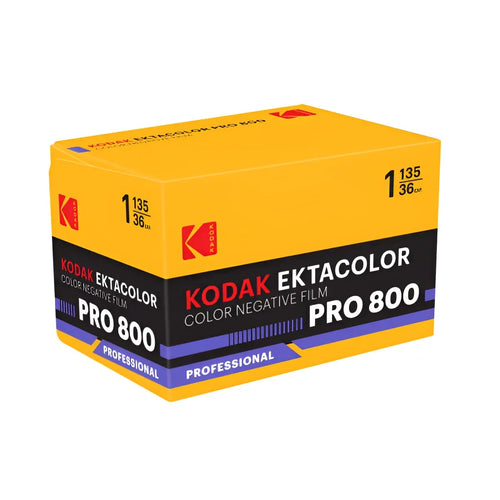 Bright yellow box of kodak ektacolor pro 800 color negative film known for natural skin tones and best-in-class underexposure latitude