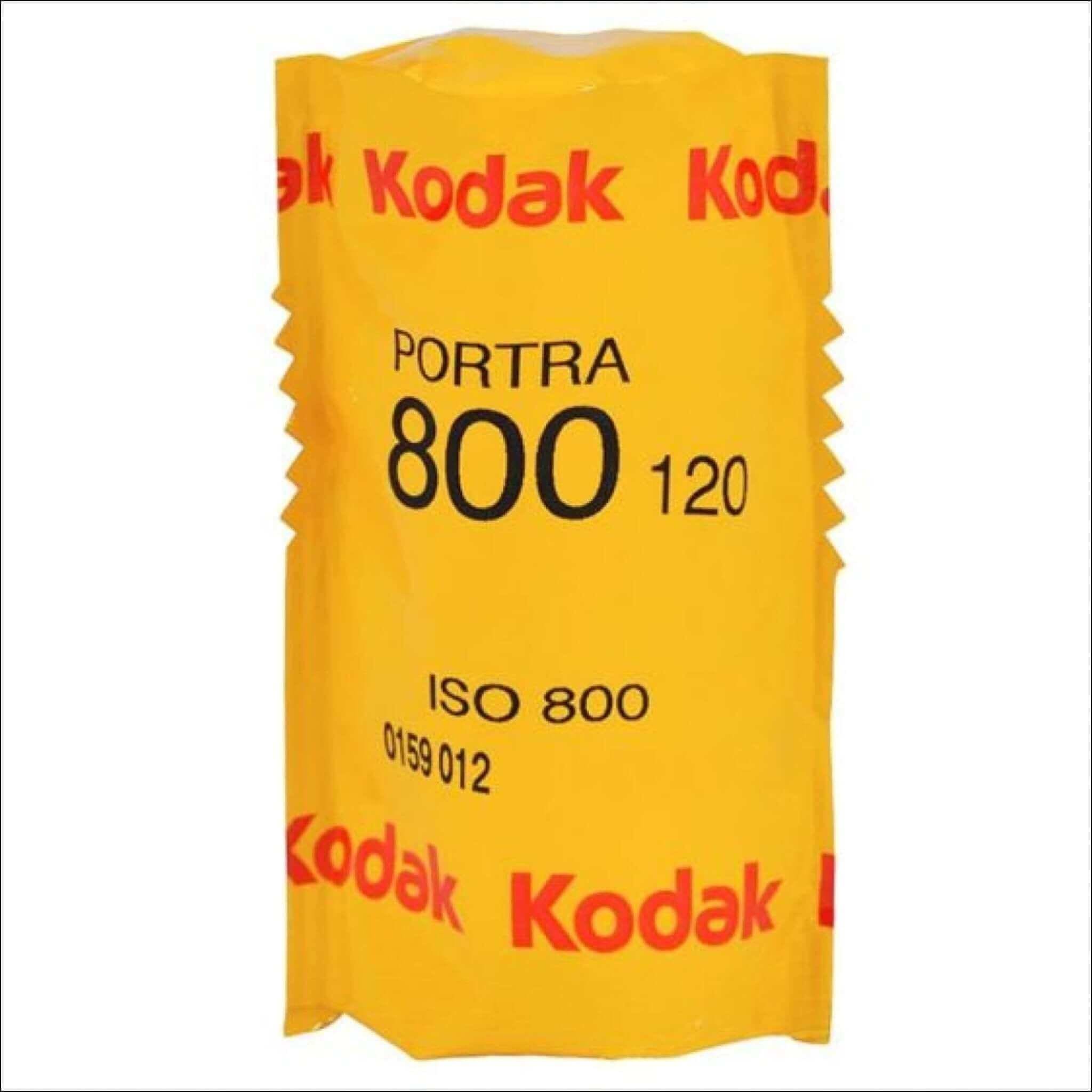 Yellow kodak portra 800 film roll, iso 800, in a distinctive yellow and red branded wrapper.