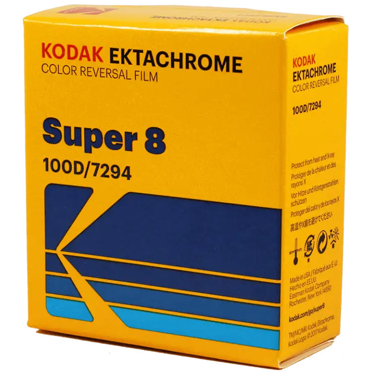 Bright yellow box of kodak ektachrome super 8 color reversal film, model 100d/7294.
