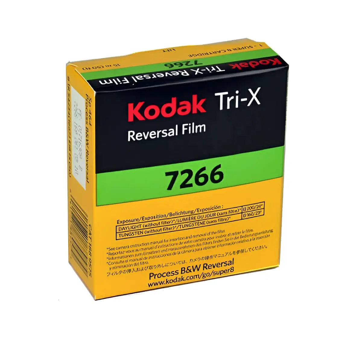 Kodak tri-x 7266 reversal film in a yellow and black box with green accents.
