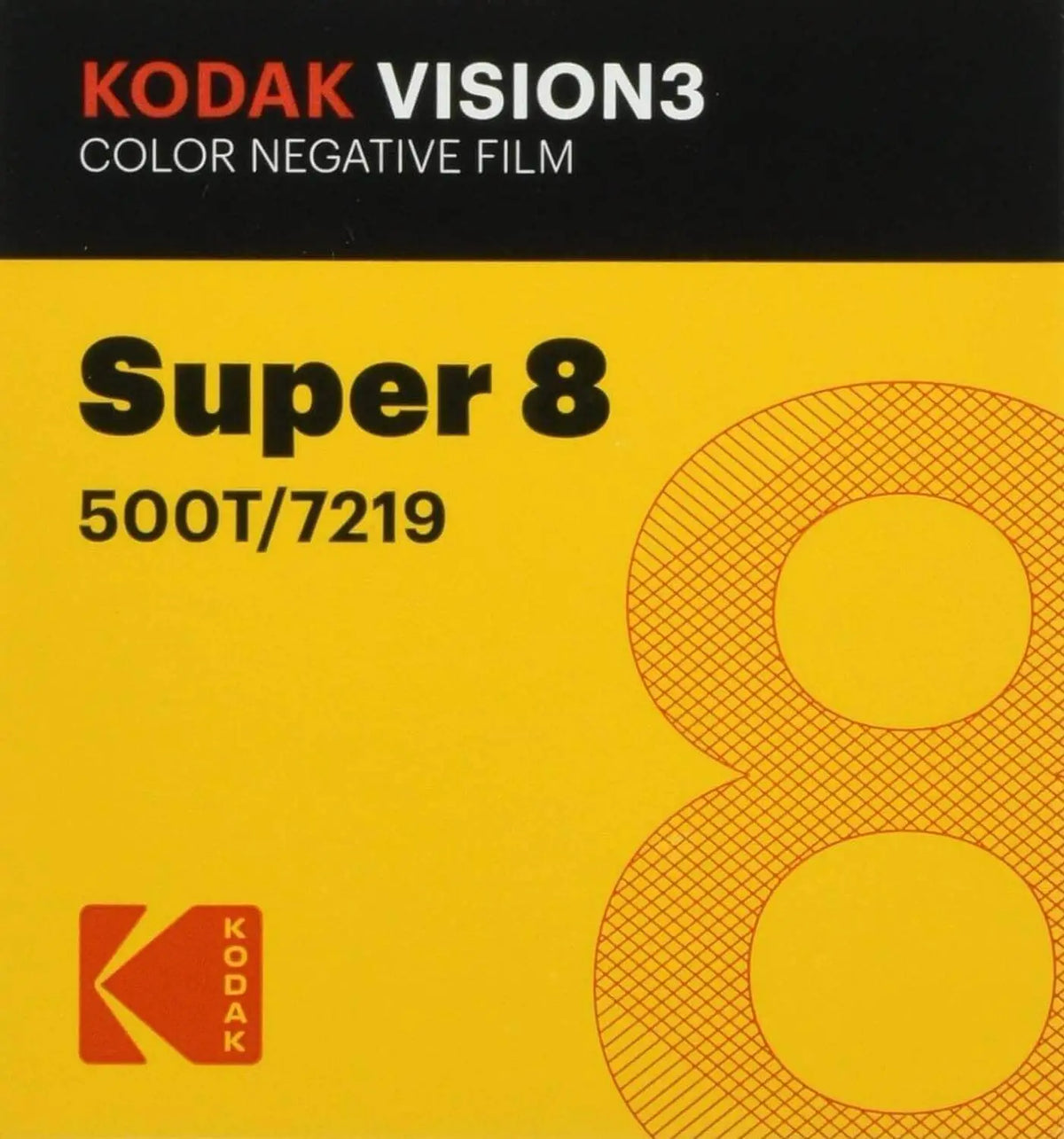 Kodak vision3 super 8 color negative film in a vibrant yellow package with bold black text and an orange grid-patterned numeral ’8’’.