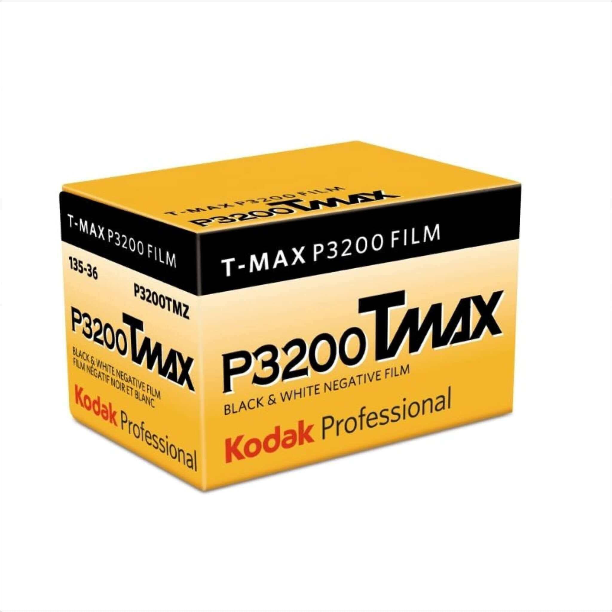 Kodak professional t-max p3200 black and white negative film in a vibrant yellow box with bold black and red branding.