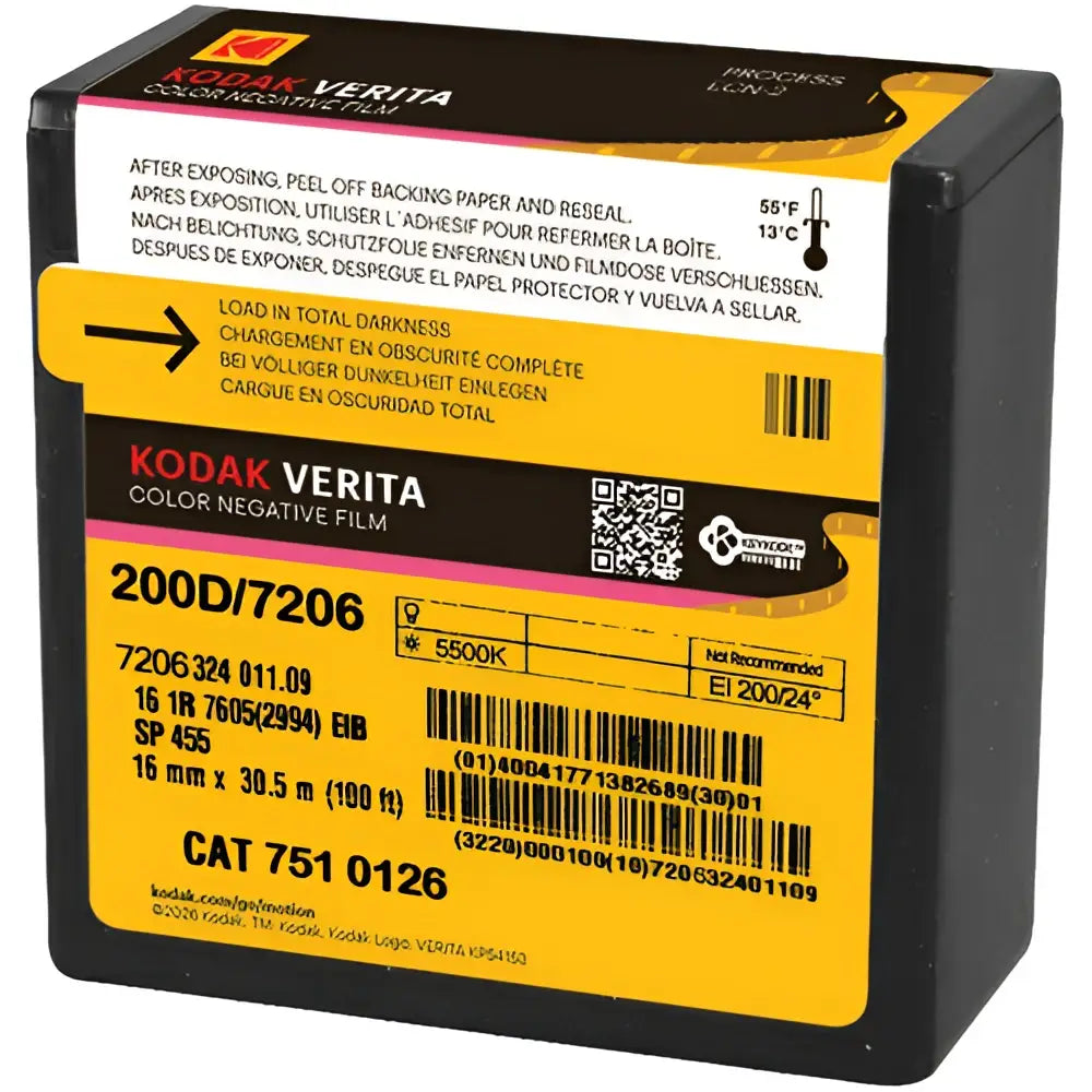 Kodak Verita 200D/7206 16mm x 100 ft color negative film can