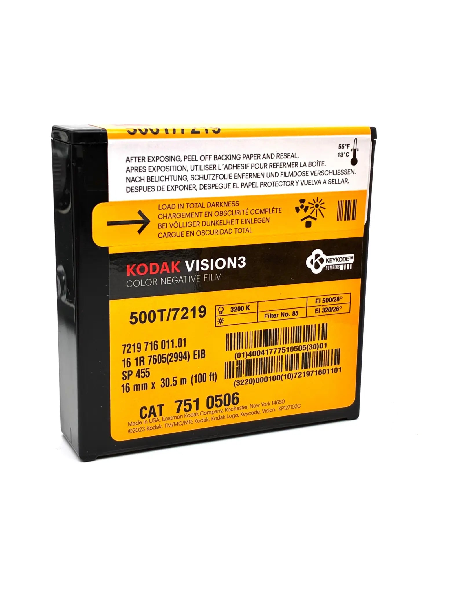 Kodak vision3 500t color negative film in black and yellow daylight spool package for 16mm 100 ft use