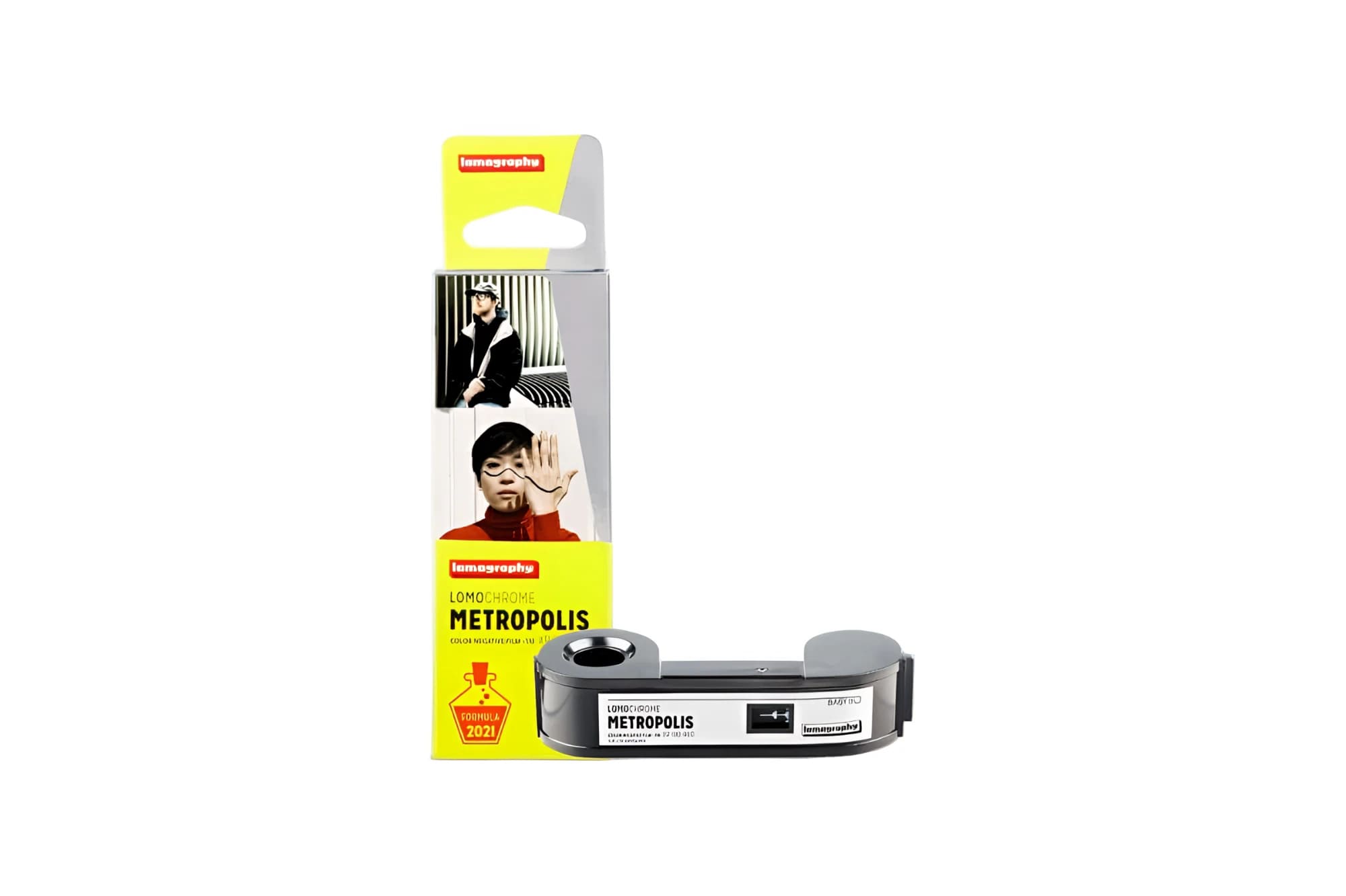 Lomo’instant metropolis film pack in sleek black and silver design, featuring a compact rectangular shape with rounded edges.