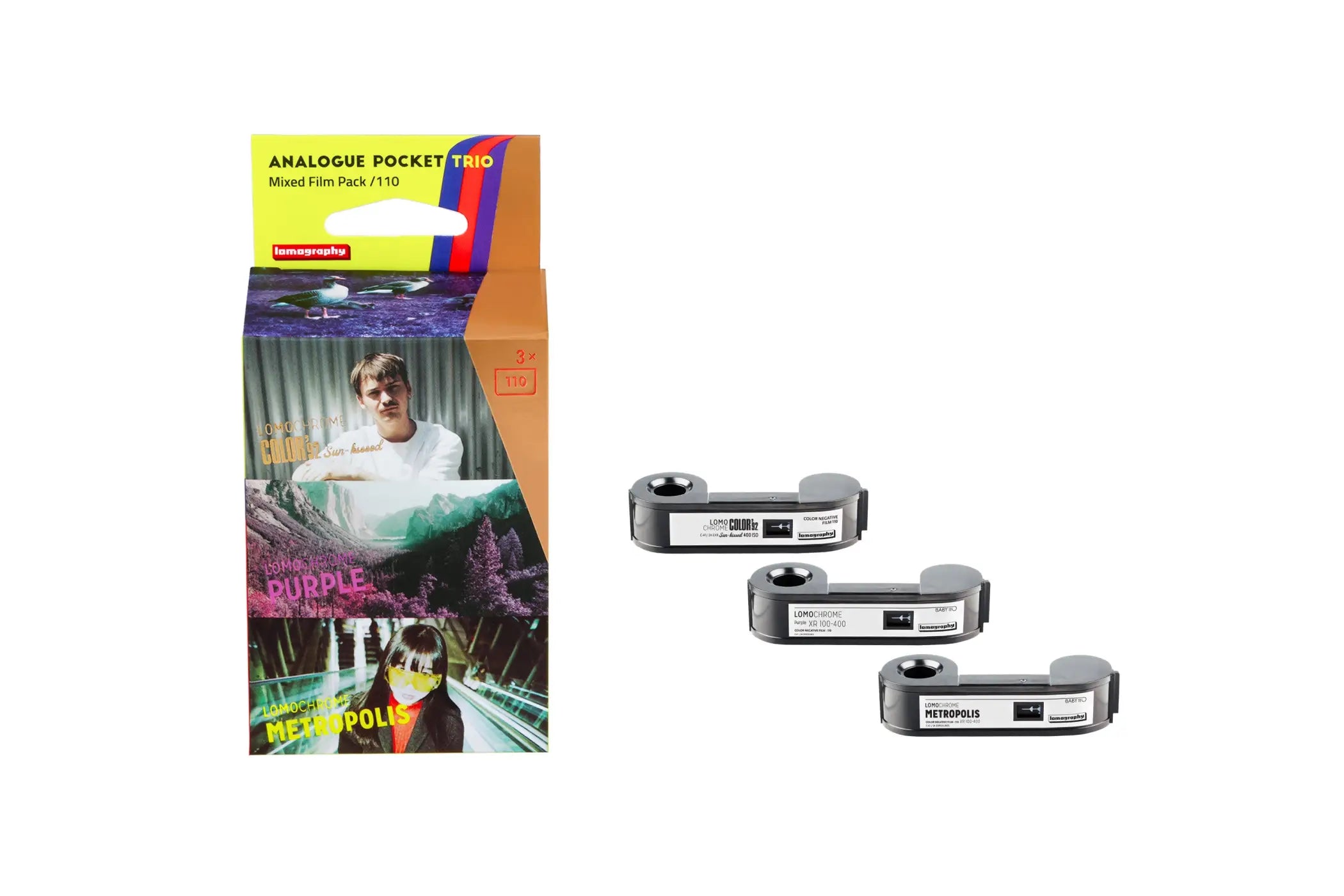 Lomography analog pocket trio mixed film pack featuring three silver-colored 35mm roll films in a colorful box with purple and orange accents.