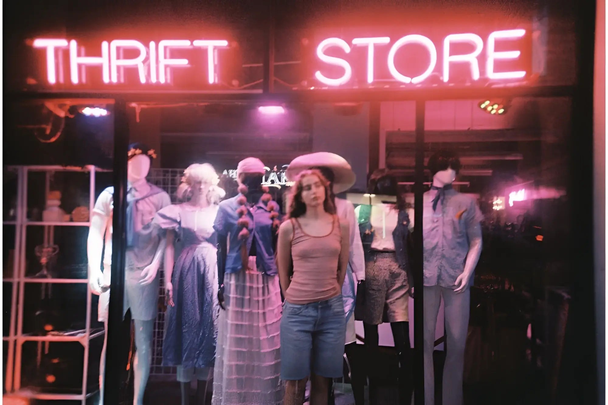A woman stands in front of a thrift store window display, wearing a tan tank top and blue denim shorts.