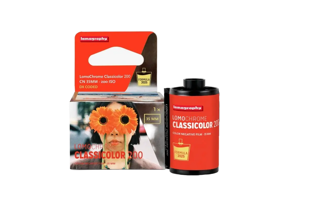 Red lomography lomochrome classicolor 200 color negative film canister with black top and white text.