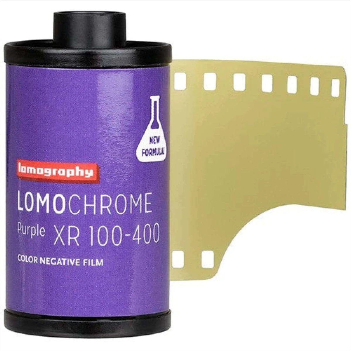 Purple lomography lomochrome purple xr 100-400 color negative film canister with a gold-colored strip of photographic film partially unspooled.