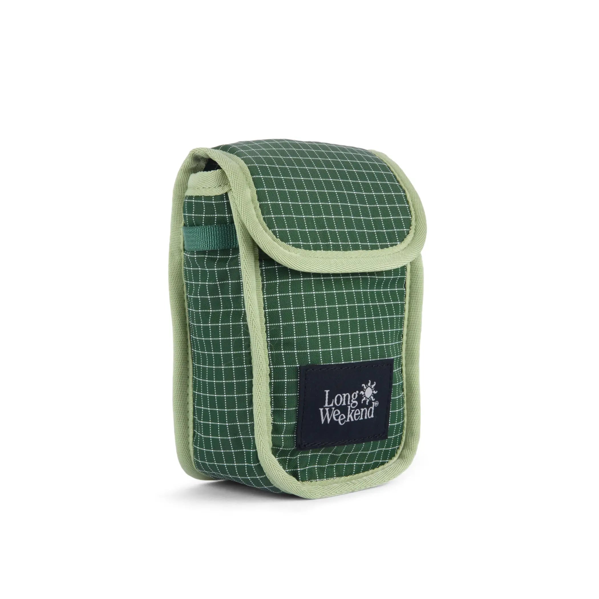 Long weekend camera pouch in moss green with grid pattern and light green trim for weekend camera protection