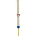Beige strap with red buckle and blue end cap, featuring embossed text along its length.