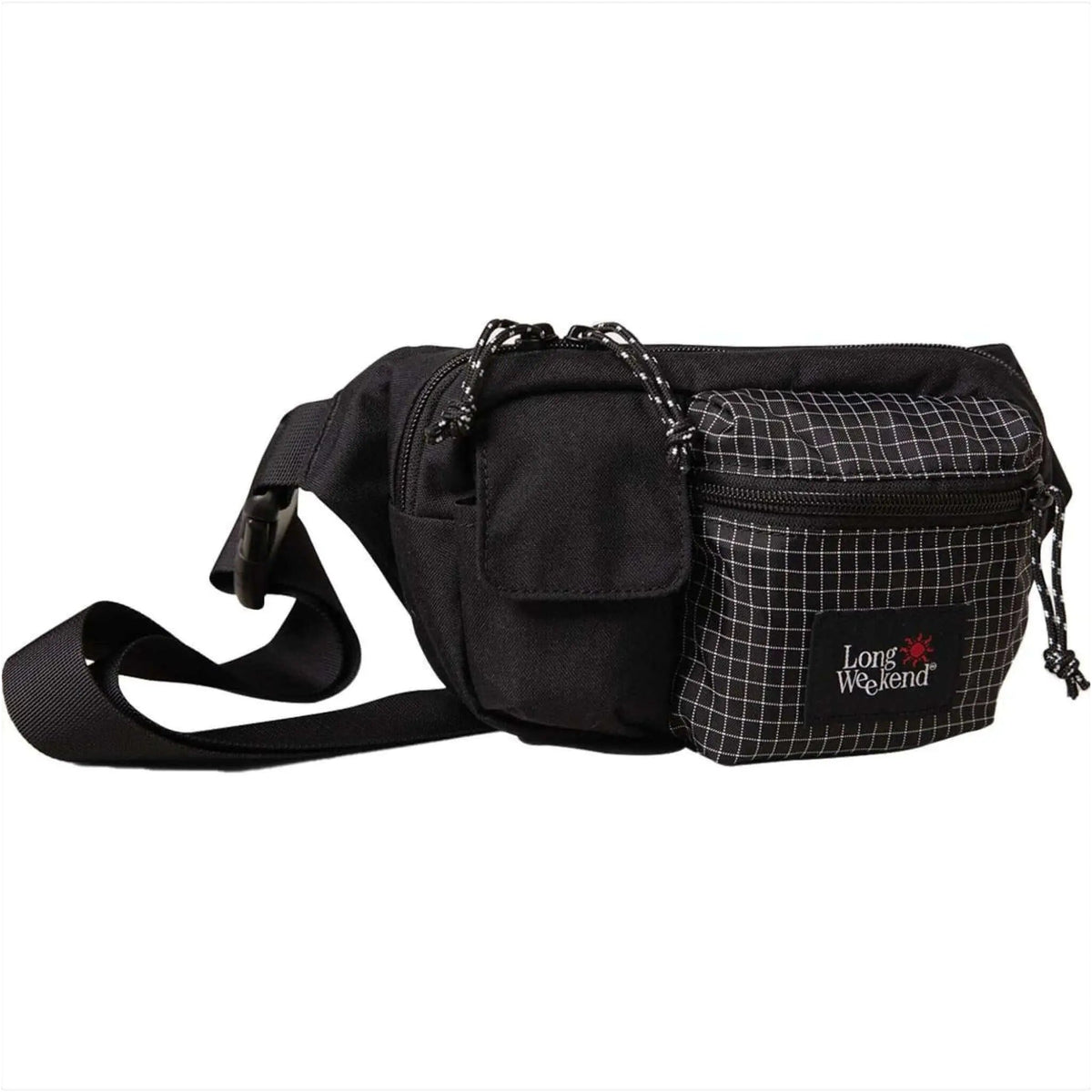 Black long weekend fanny pack with a grid-patterned panel and adjustable strap.