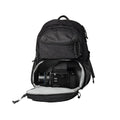 Black backpack with a grid-patterned front pocket and interior, designed to securely hold camera gear.