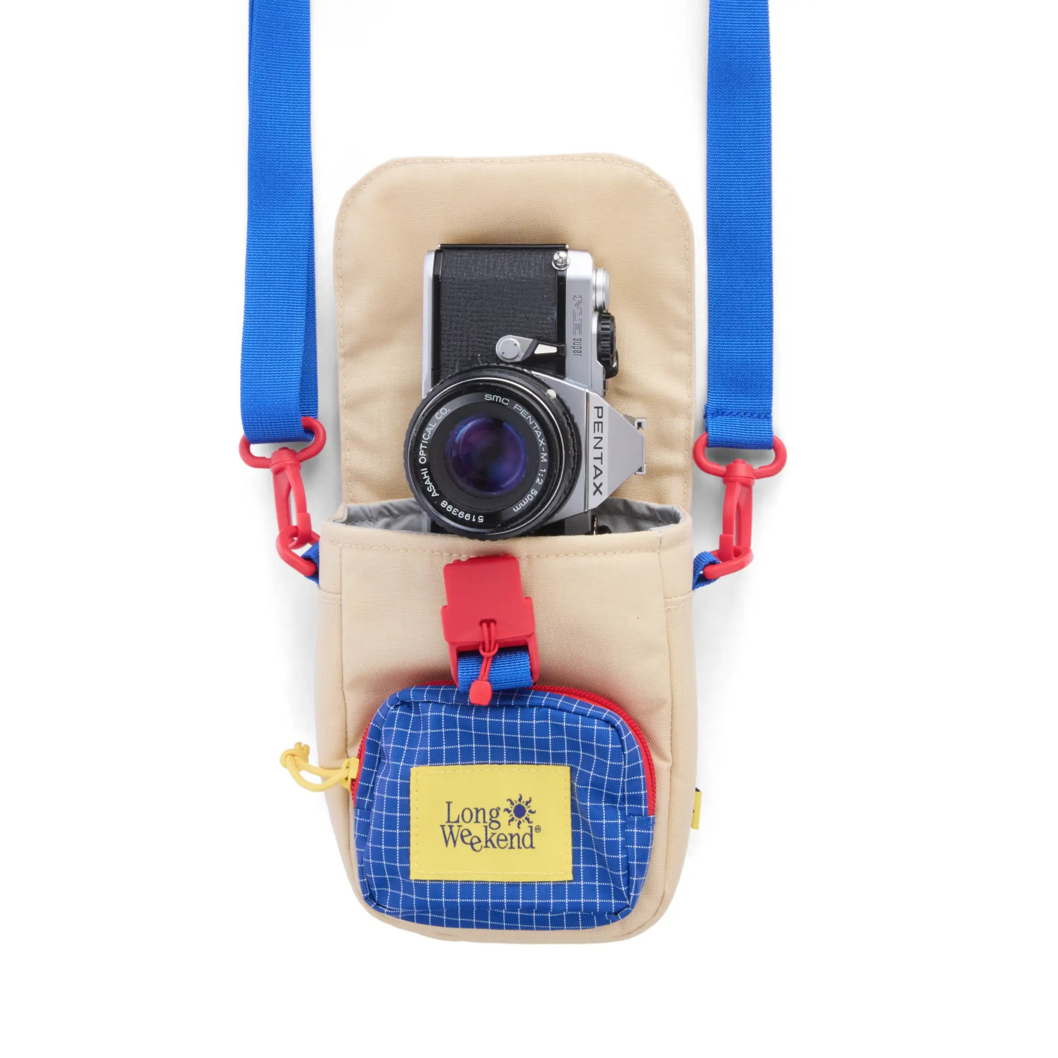 Beige and blue checkered long weekend padded crossbody camera pouch with red accents featuring main compartment and slide pocket