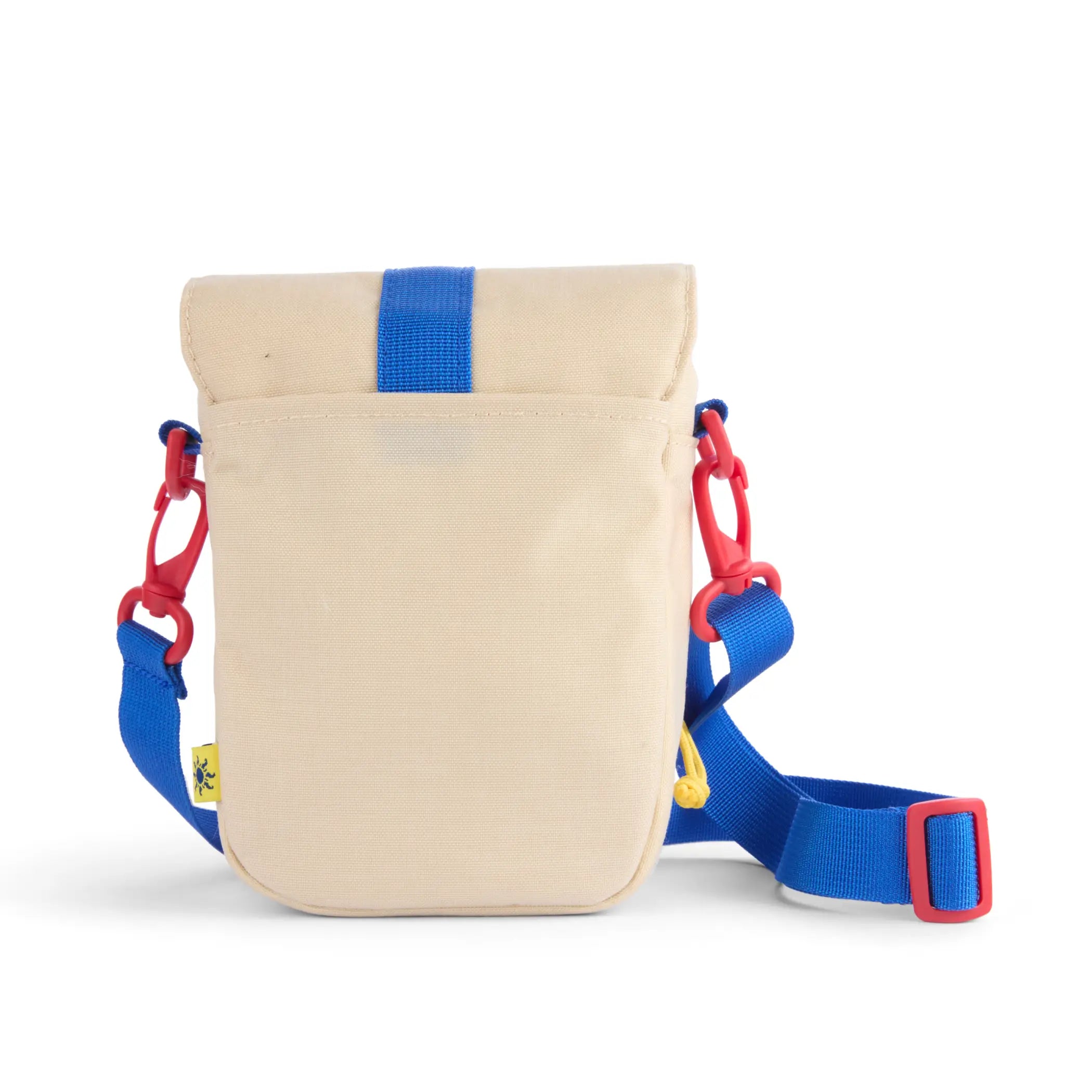 Beige canvas long weekend padded crossbody camera pouch with blue red straps and yellow bee logo slide pocket main compartment