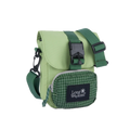 Light green canvas long weekend padded crossbody camera pouch with darker green grid slide pocket and black buckles