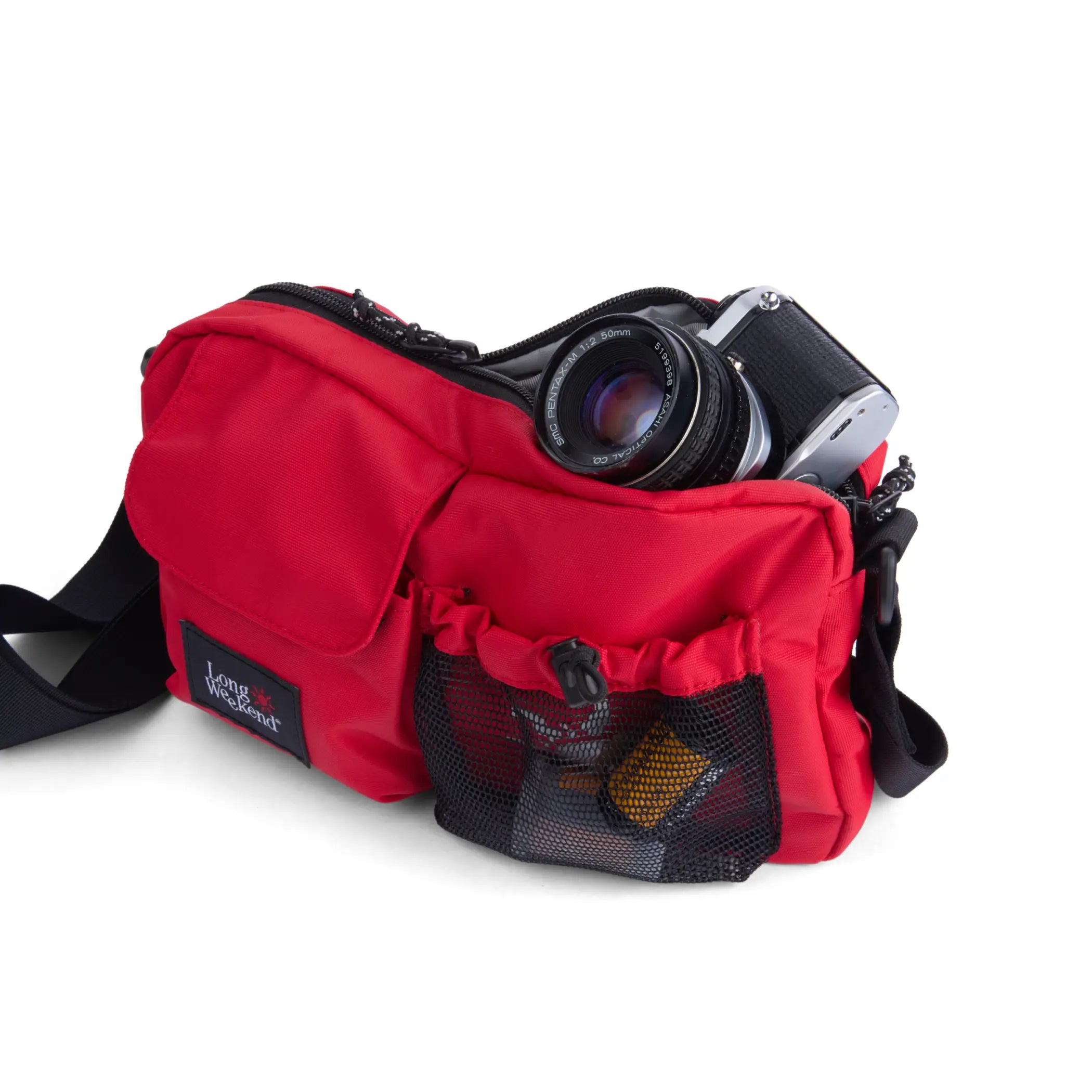 Red long weekend santa fe camera bag with black mesh pocket adjustable strap and durable weave nylon material