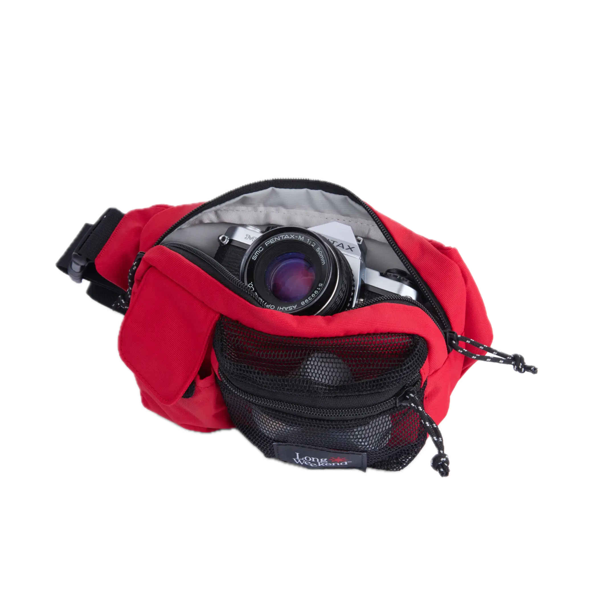 Long weekend santa fe camera bag chili red weave nylon waist pack with black mesh pocket holding silver pentax camera