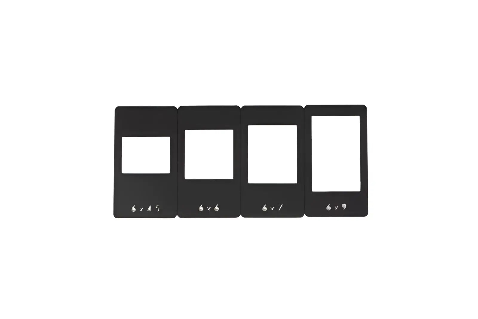 Set of four black rectangular photo frame inserts, each with a white central opening and small silver logo at the bottom.