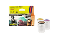 Lomo film pack in a vibrant yellow and orange box with three distinct 35mm film types: metropolis, purple, and noir.