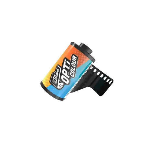 A vibrant orange, blue and yellow labeled roll of ilford opti colour photographic film with a black plastic cap.