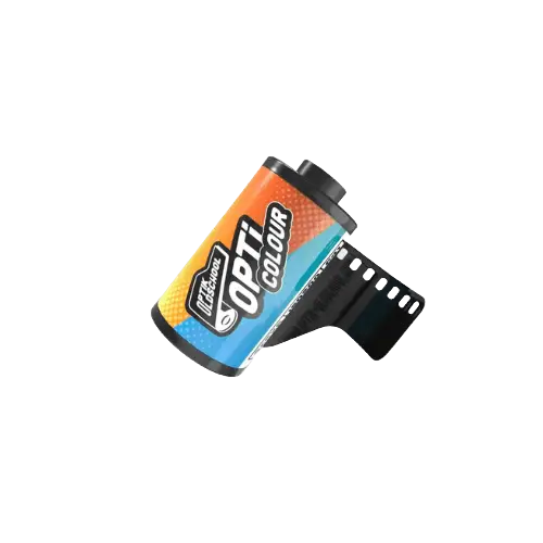 A vibrant orange, blue and yellow labeled roll of ilford opti colour photographic film with a black plastic cap.
