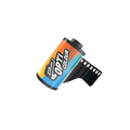 A vibrant orange, blue and yellow labeled roll of ilford opti colour photographic film with a black plastic cap.