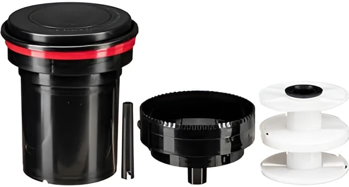 Black cylindrical camera lens hood with red accent ring and matching black mounting base.