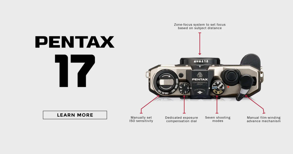 Top view of Pentax 17 half-frame film camera showcasing controls and features for photography enthusiasts.