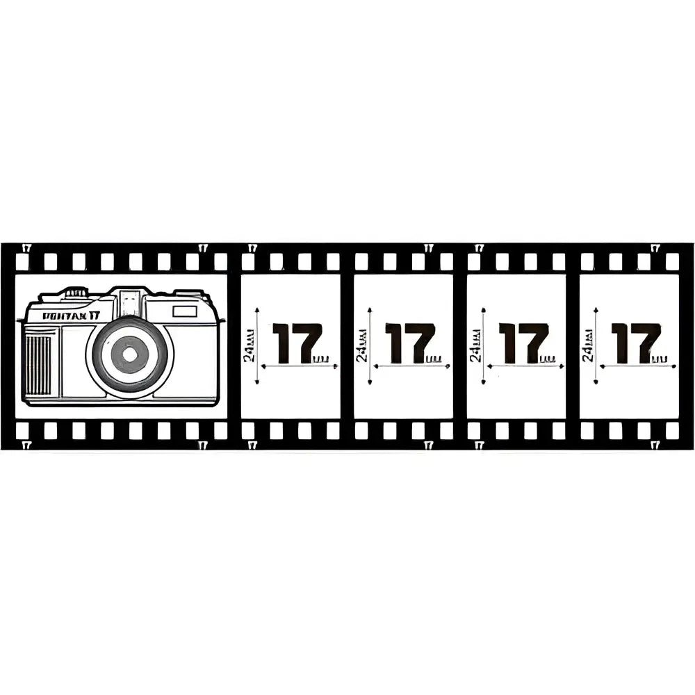 Illustration of Pentax 17 half-frame film camera with film strip showing half-frame images.