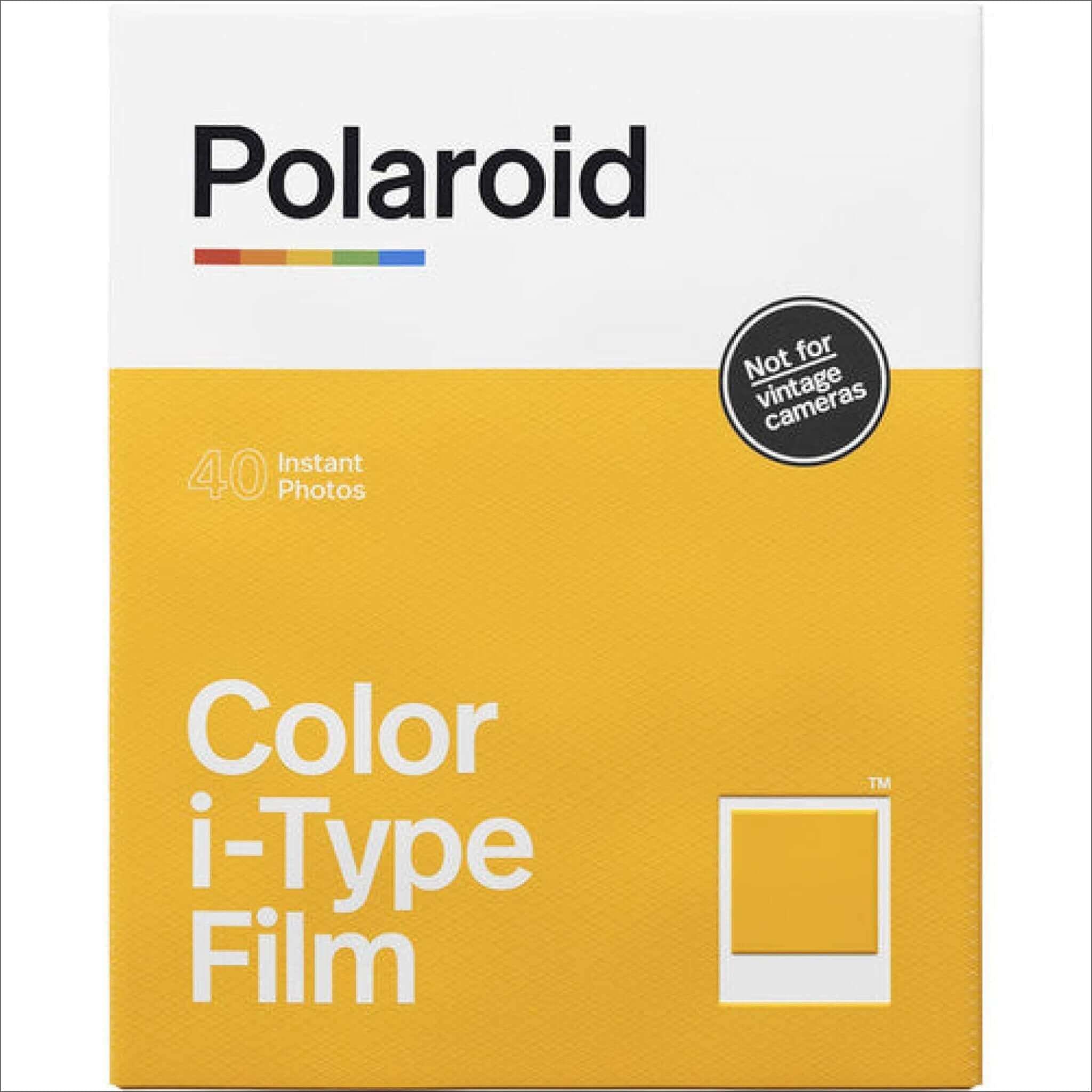 Polaroid color i-type film pack in vibrant yellow packaging, designed for 40 instant photos.