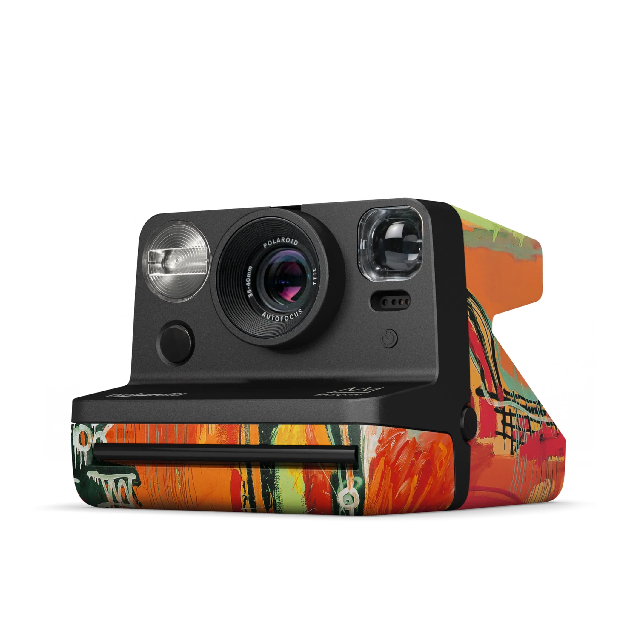 Polaroid 600 instant camera with a vibrant, abstract graffiti-style design in orange, green, and red hues on its body.