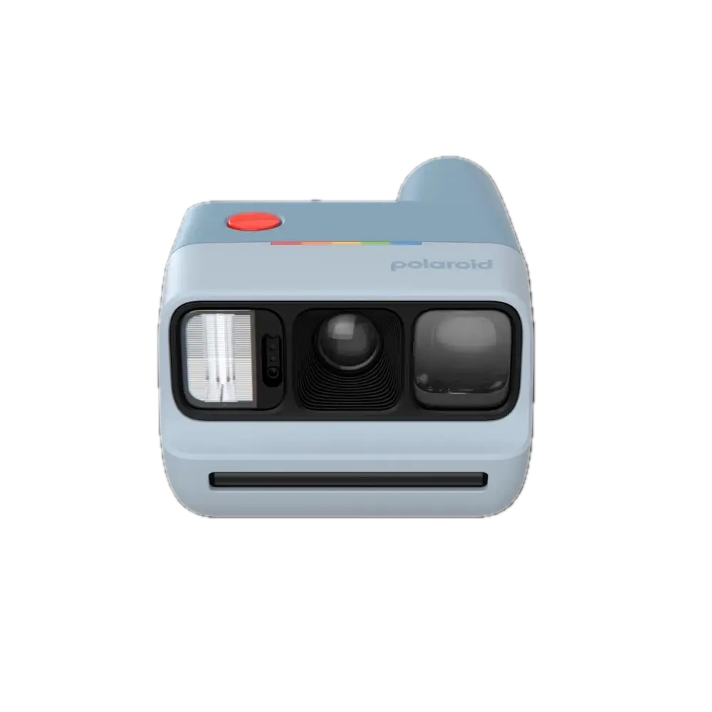 Light blue polaroid go generation 3 instant film camera with red shutter button and rainbow logo for instant photos