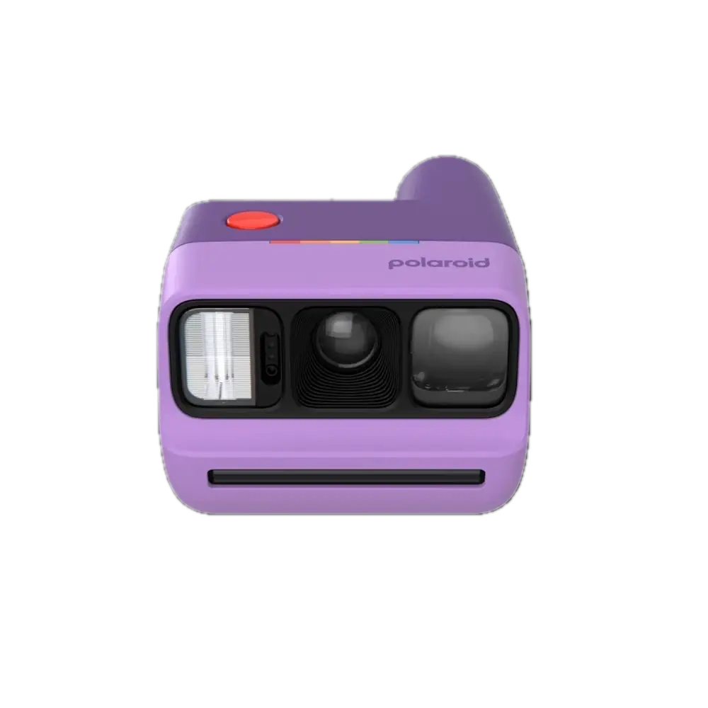Polaroid go generation 3 purple instant film camera with red shutter button and rainbow logo for instant photos