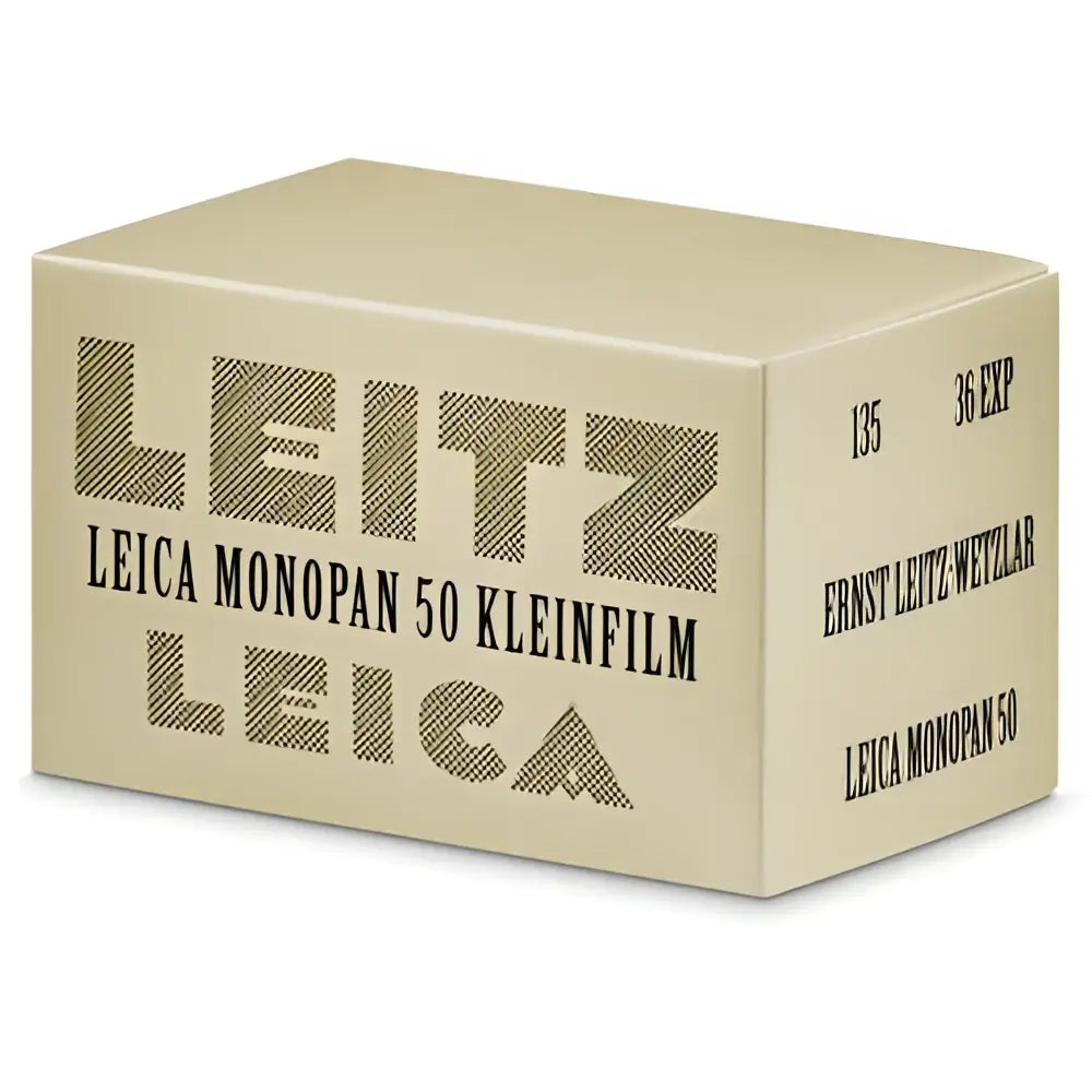 Beige cardboard box with black dotted typography reading ’leitz leica monopan 50 kleinfilm’ and additional text including ’135 36 exp,’ ’ernst leitz wetzl