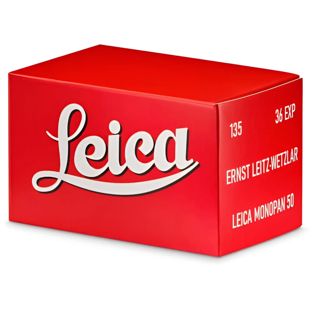 Red leica monopan 50mm lens box with white logo and text.