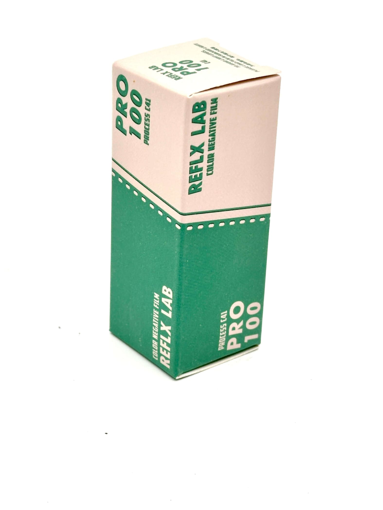A rectangular box of refly lab pro 100 color negative film, featuring a two-tone design with beige and green sections accented by white dotted lines.