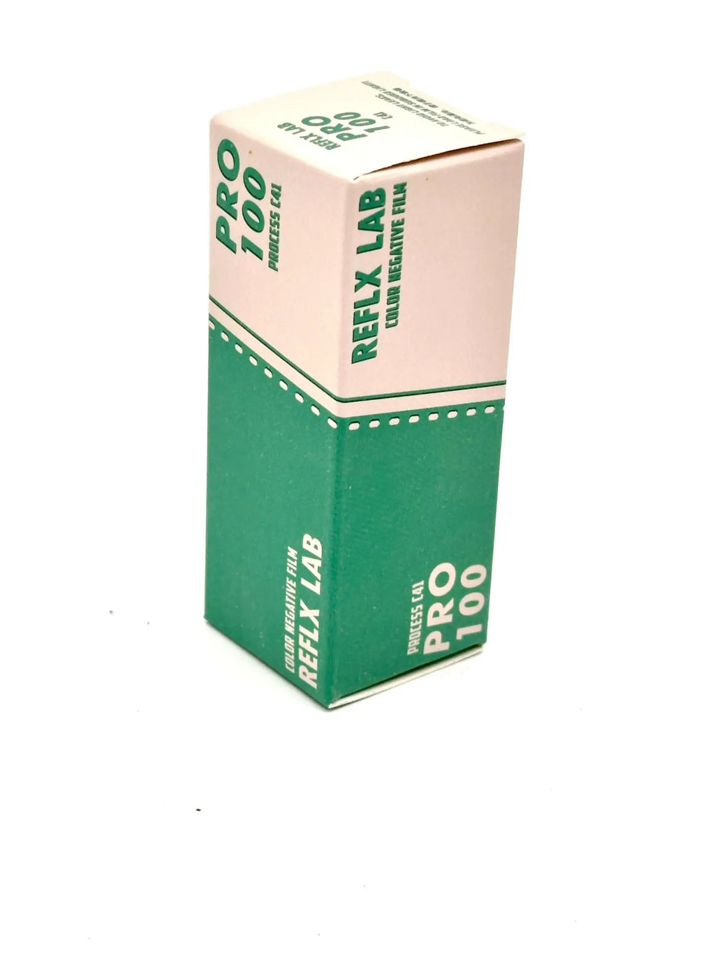 A rectangular box of refly lab pro 100 color negative film, featuring a two-tone design with beige and green sections accented by white dotted lines.