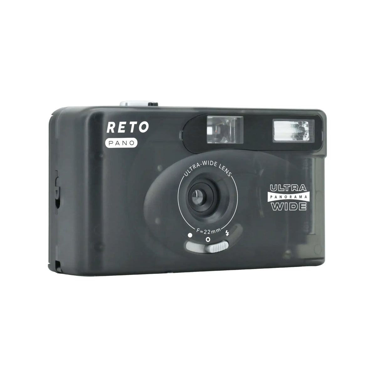 Black plastic reto pano ultra panorama wide camera with a 22mm ultra-wide lens and built-in flash.
