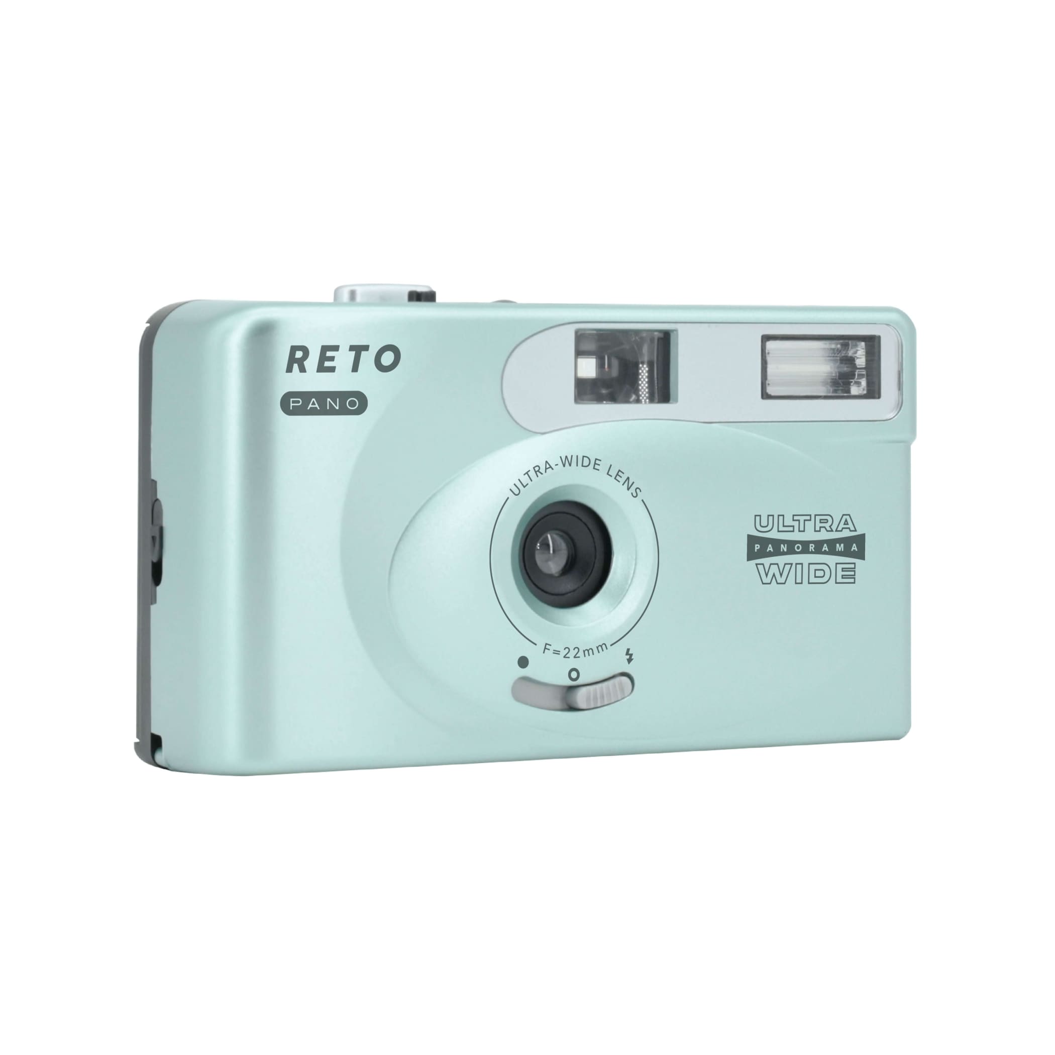 Mint green plastic compact camera with silver accents and ’reto pano’ branding.
