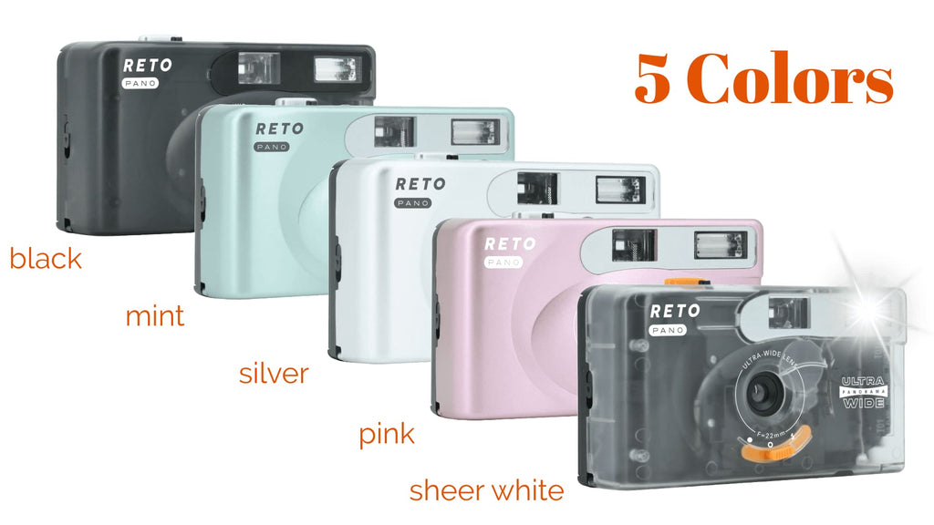 The reto panda ultra-wide film camera is available in five distinct colors: black, mint, silver, pink, and sheer white.