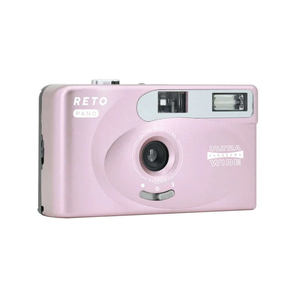 Pink reto pano ultra panorama wide camera with a silver flash and lens housing.
