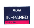 Rollei Infrared 135-36 film box, ideal for dramatic black and white photography with ISO 400 sensitivity.