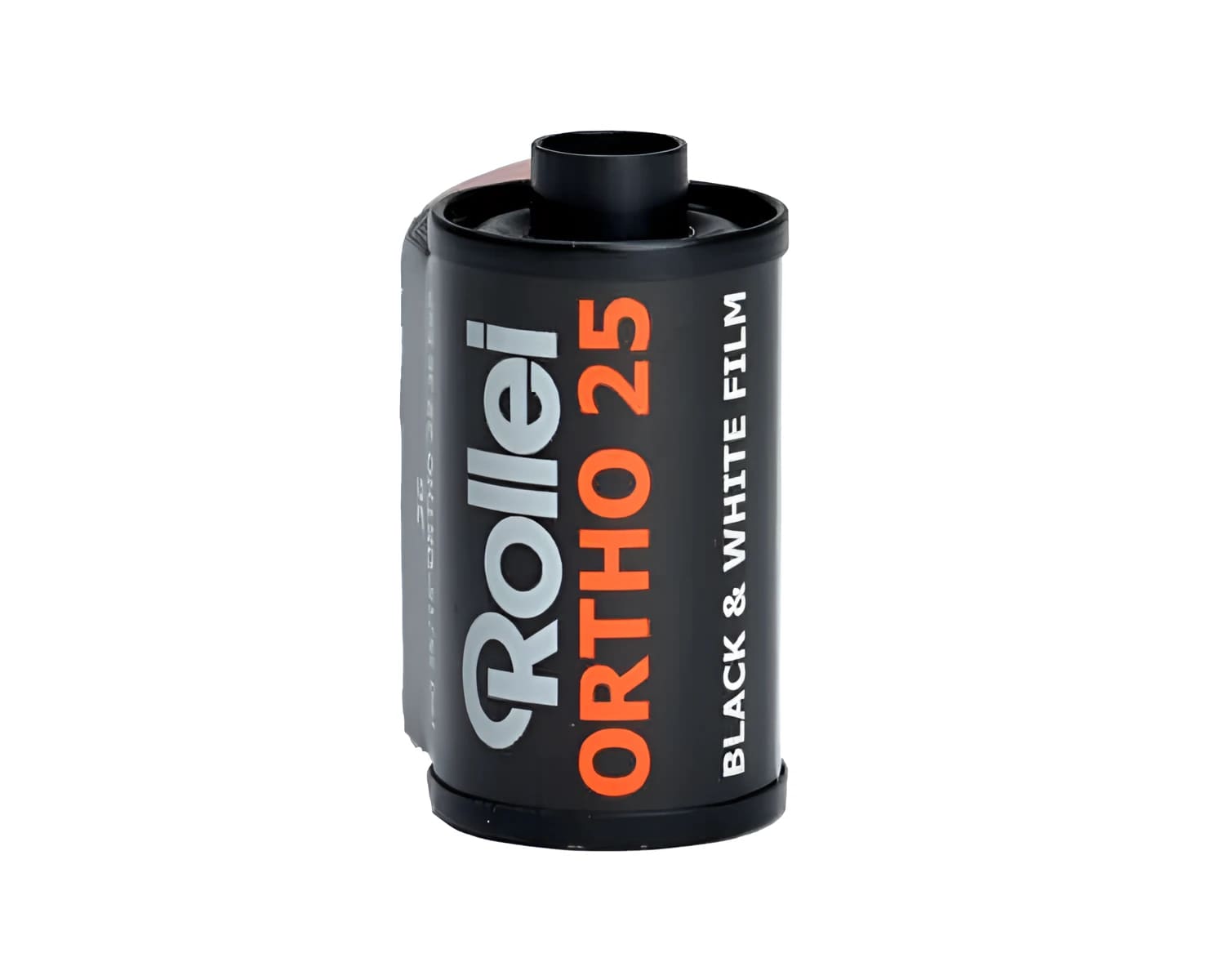 Black rollei ortho 25 black and white film canister with orange and silver text.