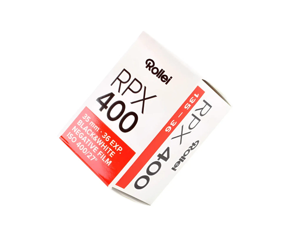 White and red rollei rpx 400 black-and-white negative film box.
