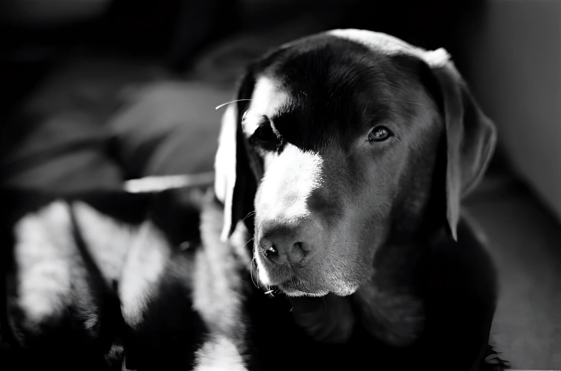 A black-and-white portrait of a chocolate labrador retriever with soft, droopy ears and gentle eyes.